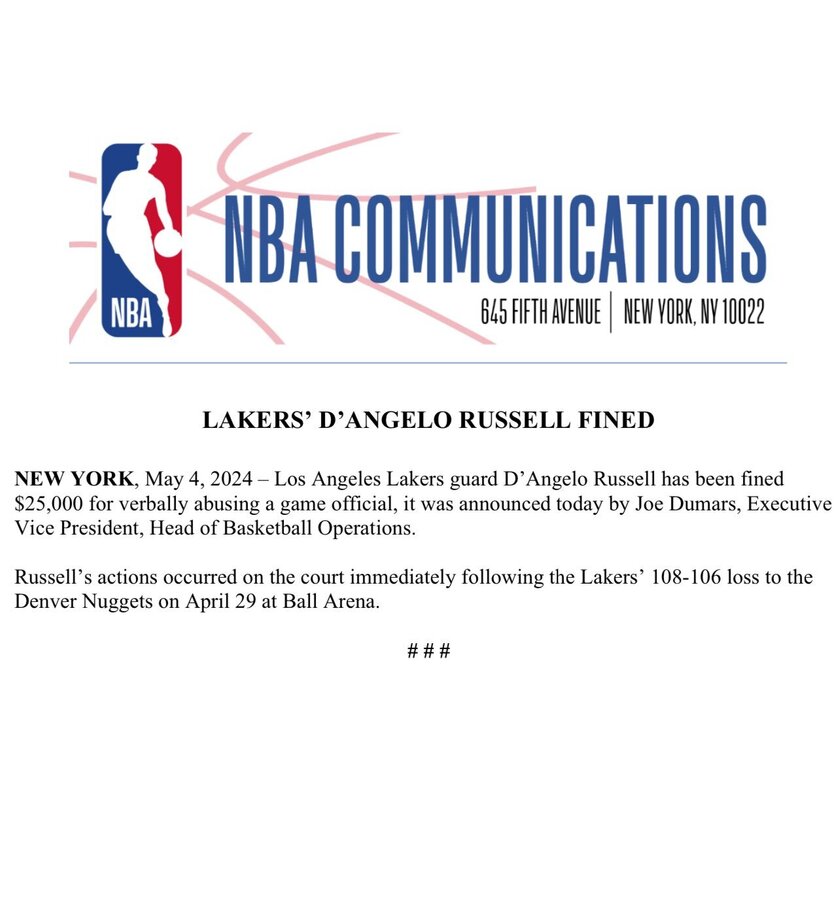NBA官方：拉塞尔因第五场比赛后侮辱比赛官员被罚款25,000美元